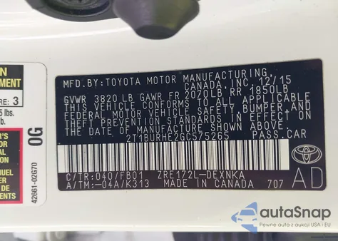 2016 Toyota Corolla Le from USA, damaged, VIN 2T1BURHE2GC575265